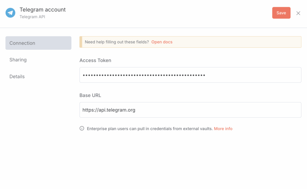 The stored Telegram API token in n8n's Credential menu