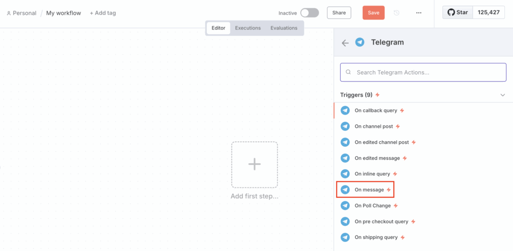 The On message Telegram trigger node in n8n