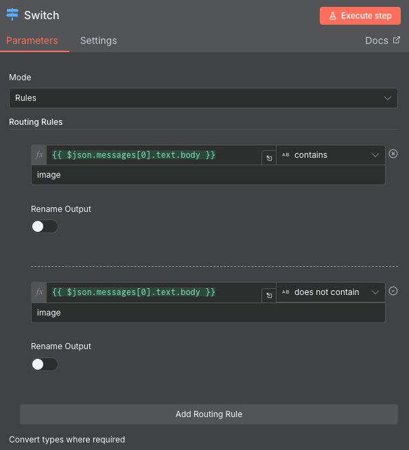 Finestra di configurazione del nodo Switch di n8n