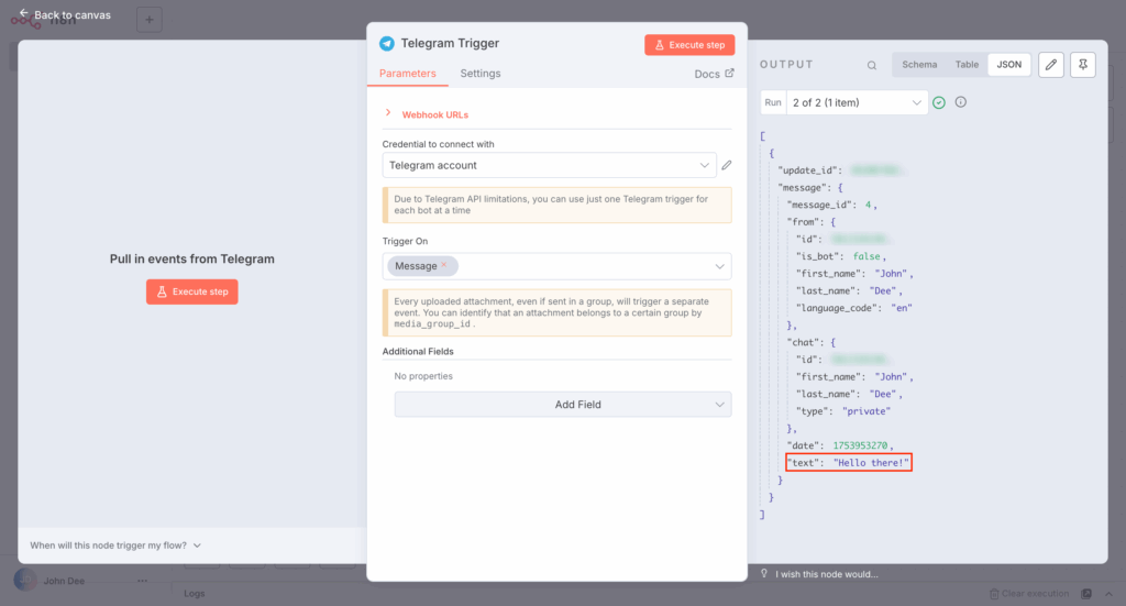 The message data in Telegram Trigger node's JSON tab of n8n