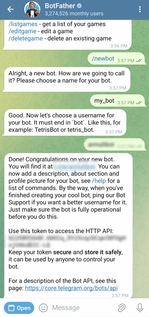 Conversations with @BotFather in Telegram to create a new bot