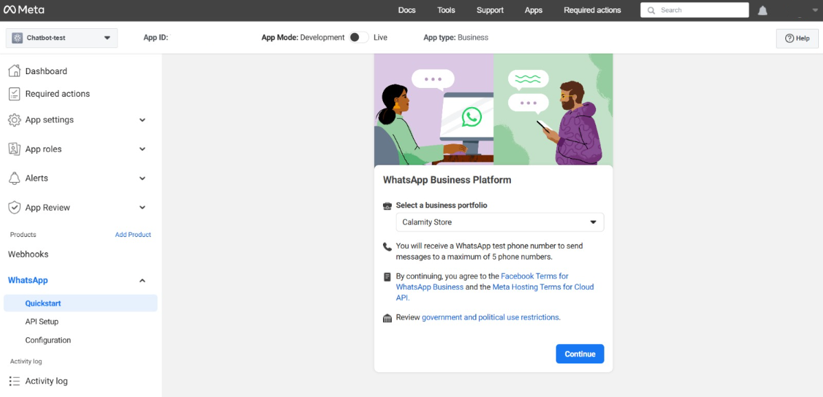 La schermata finale della pagina di creazione dell'app del portale per sviluppatori Meta