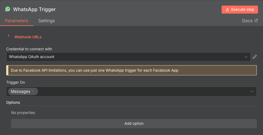 Menu di configurazione del nodo trigger WhatsApp On Message