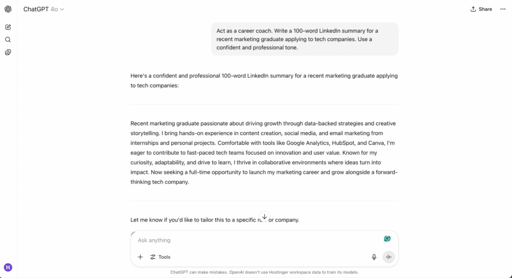 ChatGPT chat example of prompt engineering