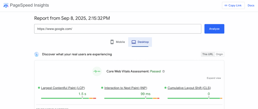 A Google PageSpeed Insights's analysis result