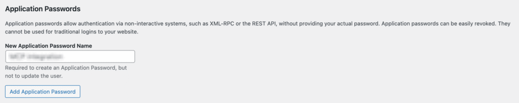 The Application Password menu on WordPress with a name entered