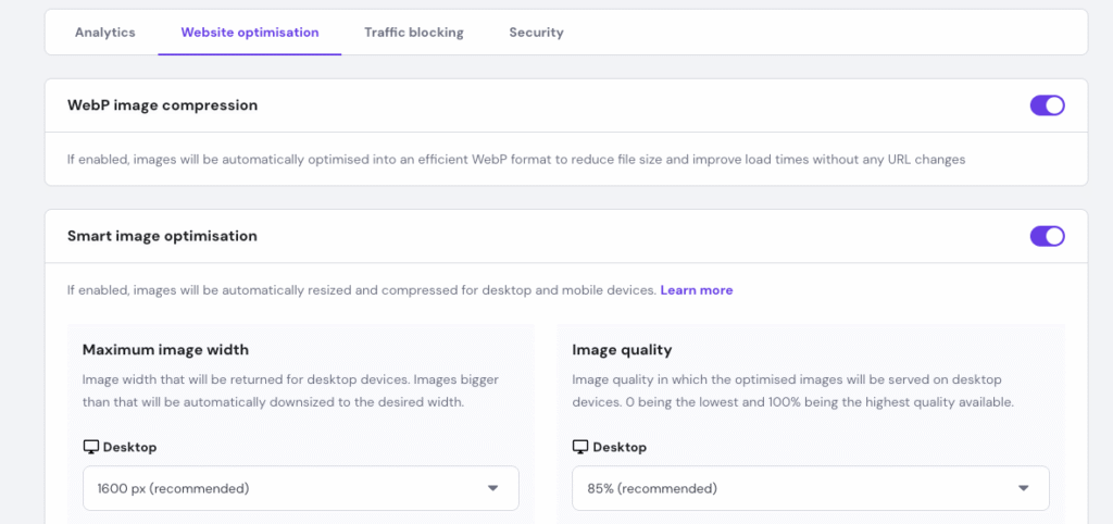 Accessing the Website optimisation tab on hPanel's CDN menu