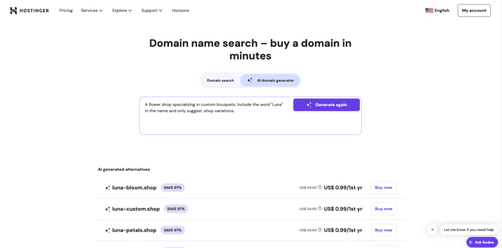 Hostinger AI domain generator showing options based on the prompt