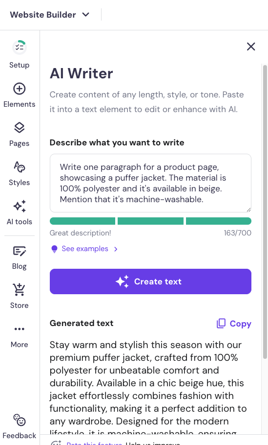 AI Writer interface within Hostinger Website Builder
