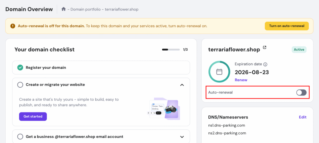 Hostinger Domain Overview page, highlighting the auto-renewal toggle