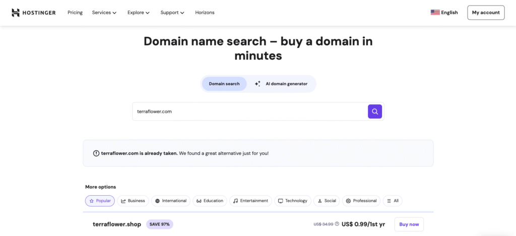 Hostinger domain name search, showing alternatives for a taken domain