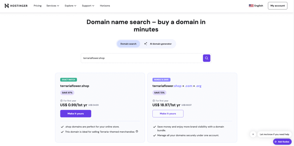 Hostinger domain generator showing a search result