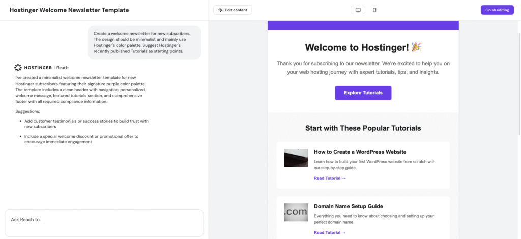 Hostinger Reach template editor