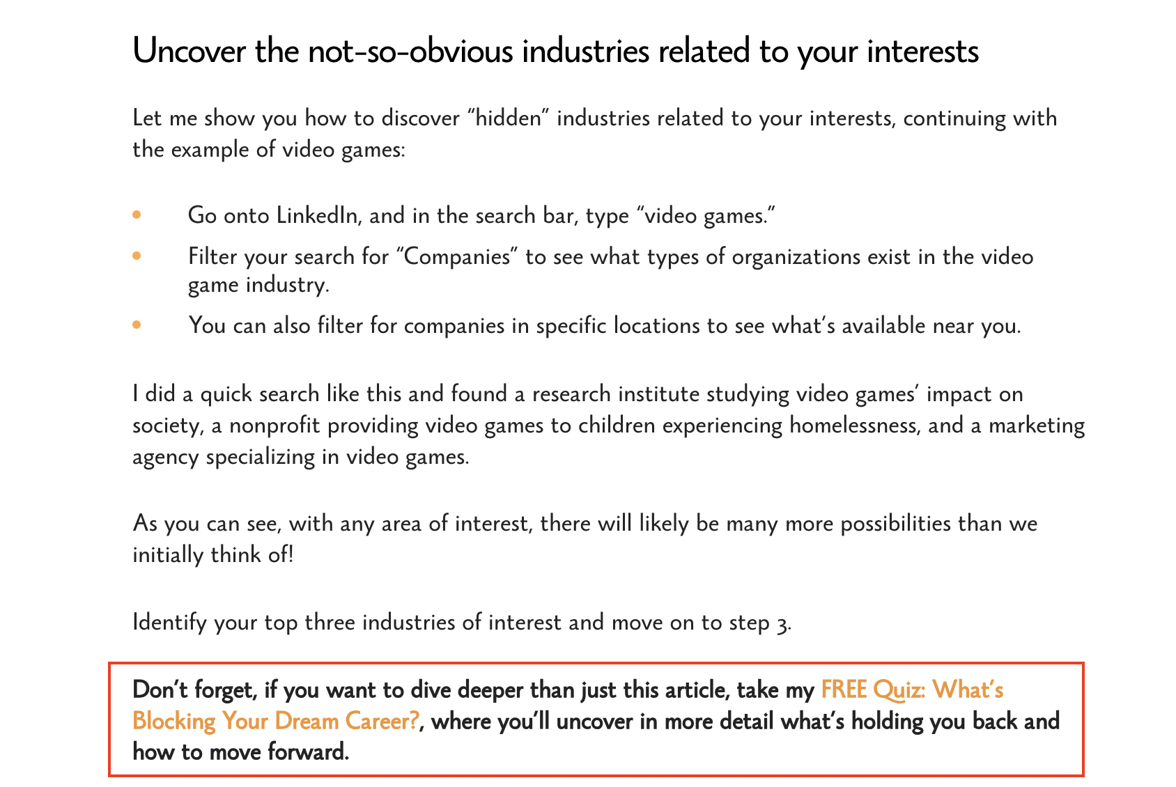 Rebecca Beaton's blog post section promoting her free quiz to build an email list