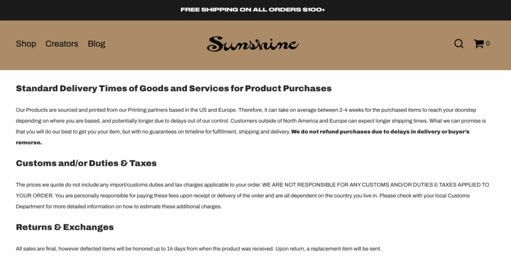 Sunshine terms and conditions page