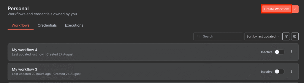 The Create Workflow button on n8n