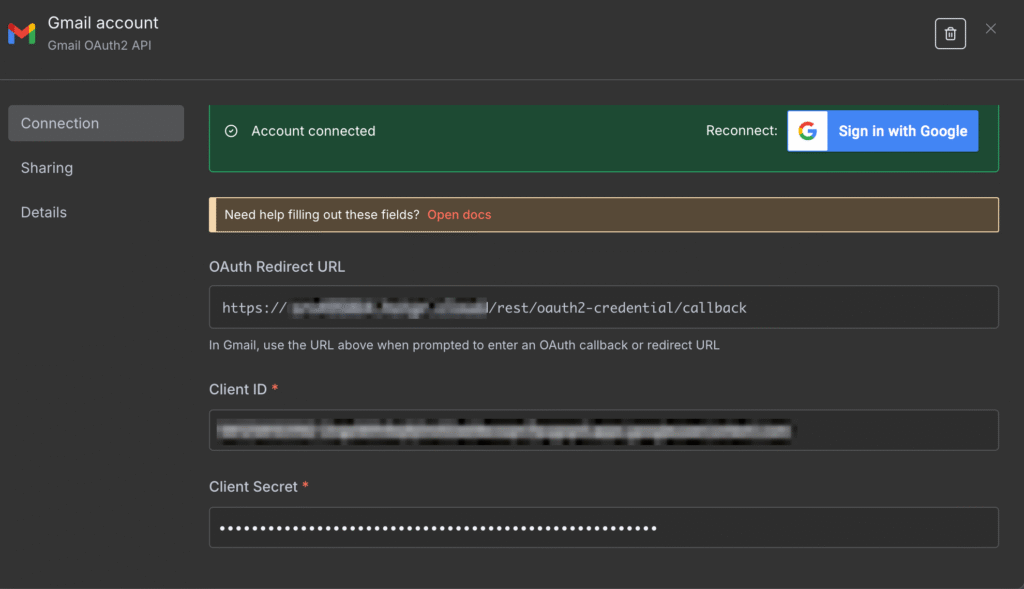 The Gmail credential configuration menu on n8n