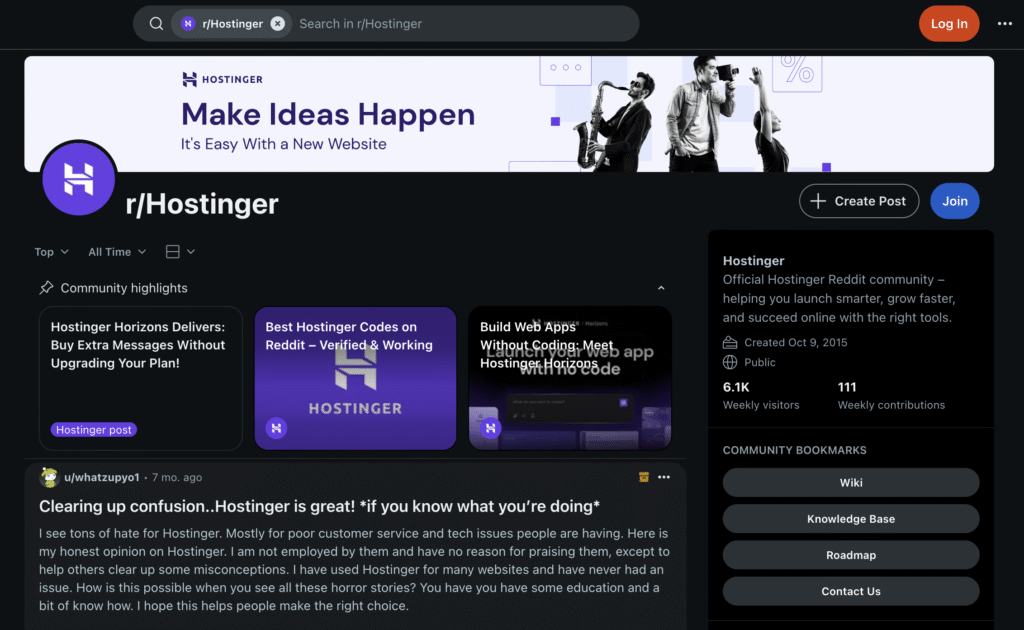 The main page of the Hostinger subreddit