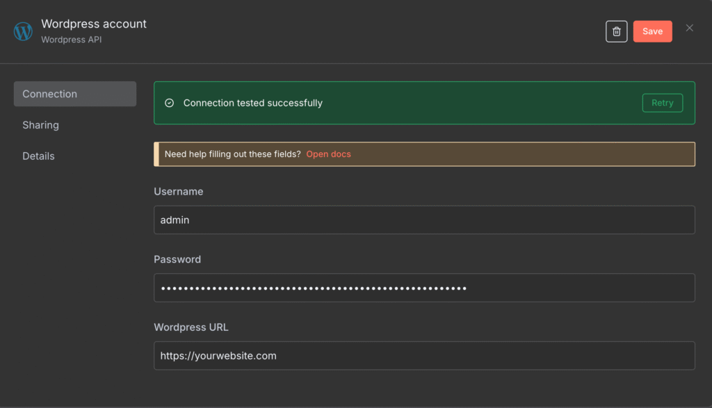 The WordPress node credential configuration menu