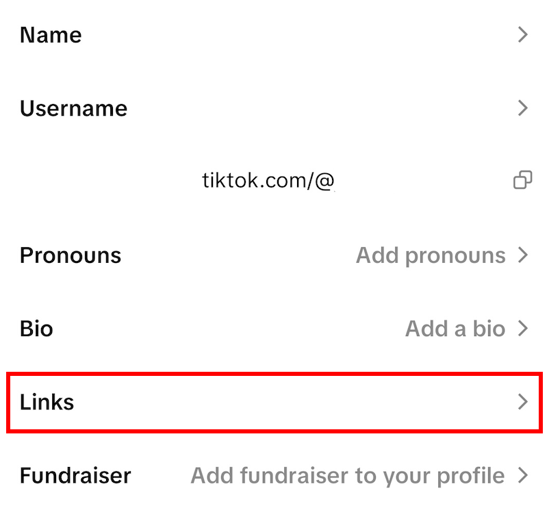 TikTok profile settings showing Links