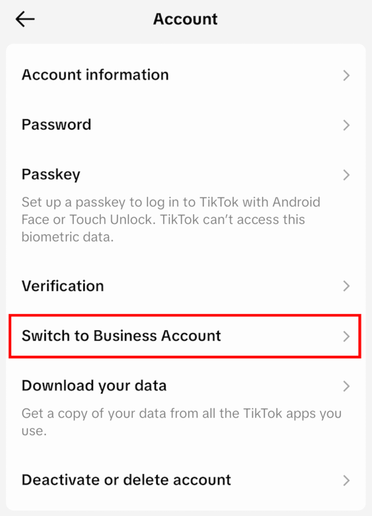 TikTok profile settings showing Switch to Business Account