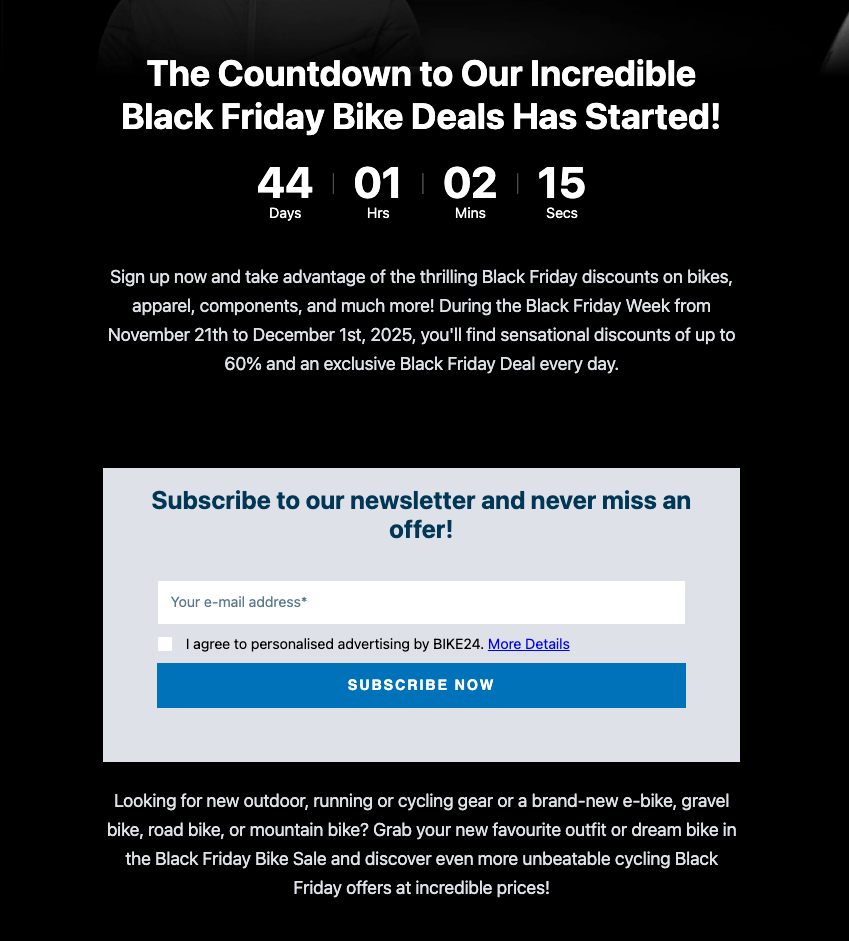 BIKE24 Black Friday landing page with a signup form