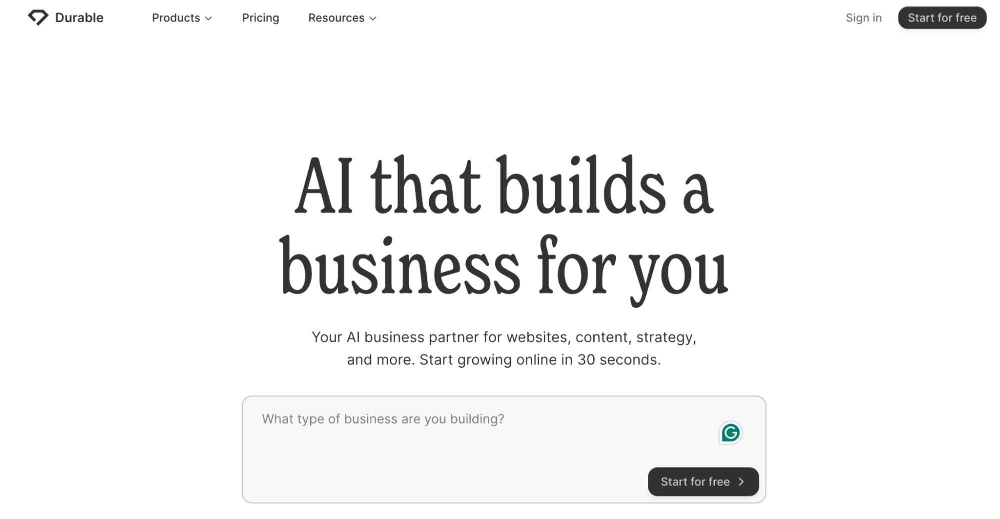 Durable website builder landing page