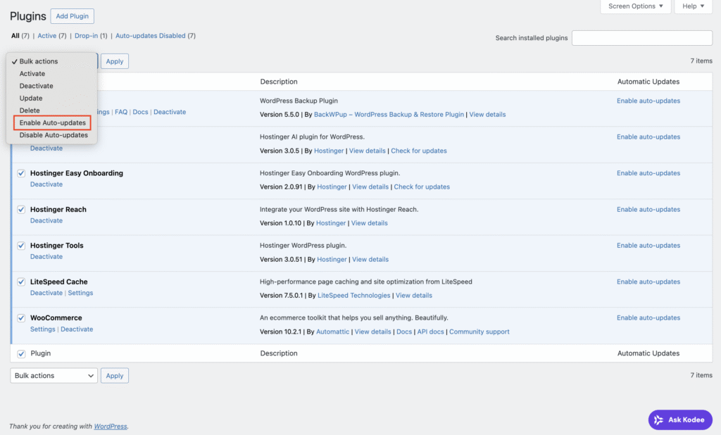 The WordPress Enable Auto-updates bulk action menu on the Installed plugins list