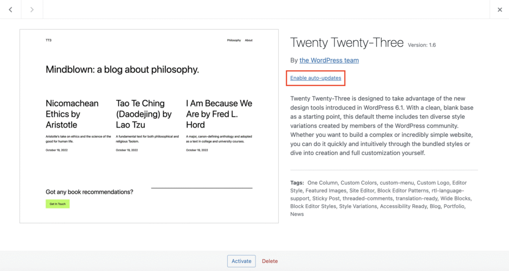 The Enable auto-updates button on a selected WordPress theme