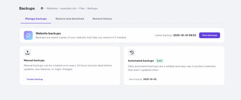 The Backup management feature on Hostinger's hPanel