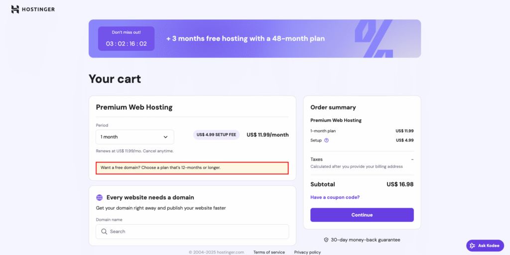 Hostinger cart, highlighting the upsell message