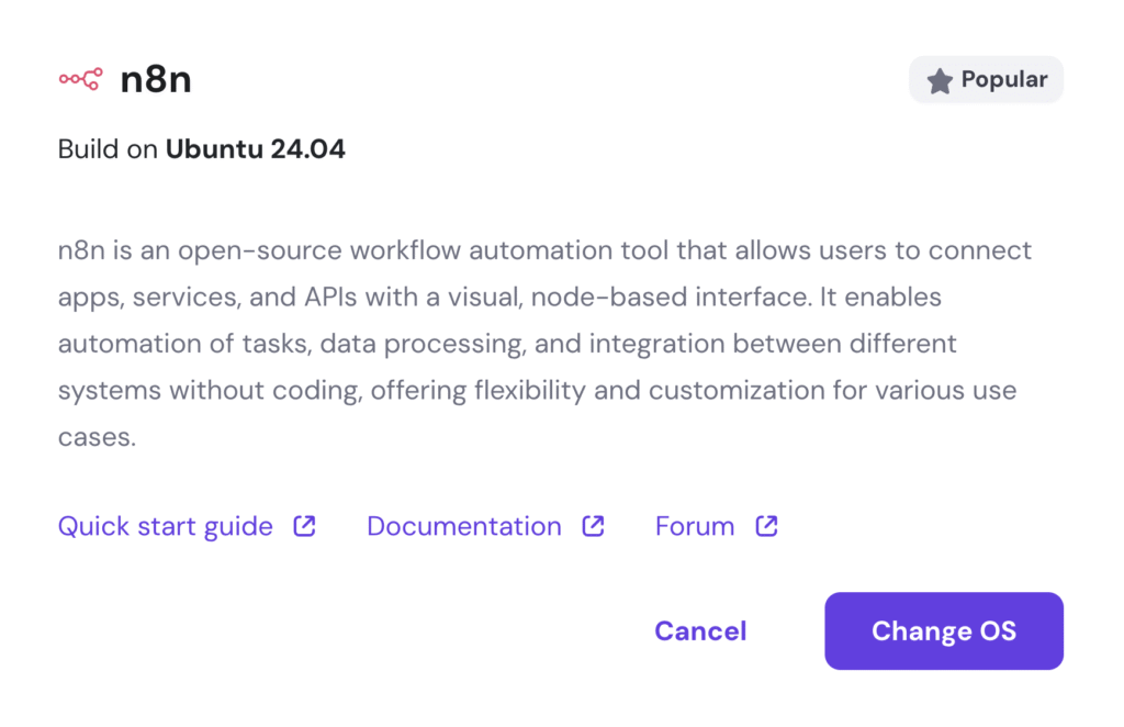 Selecting the n8n on Ubuntu 24.04 OS template in hPanel.