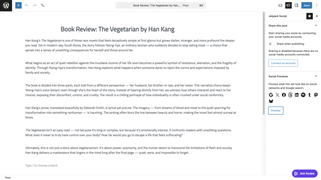 WordPress post editor with the Jetpack Social settings panel opened