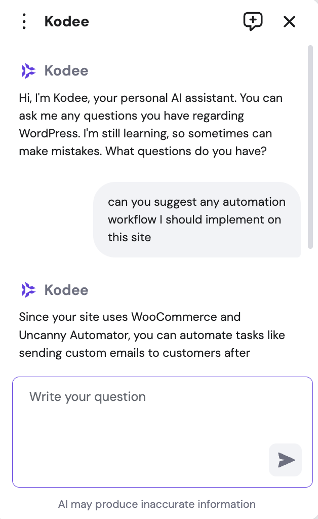 A chat window with Kodee, Hostinger's AI Assistant