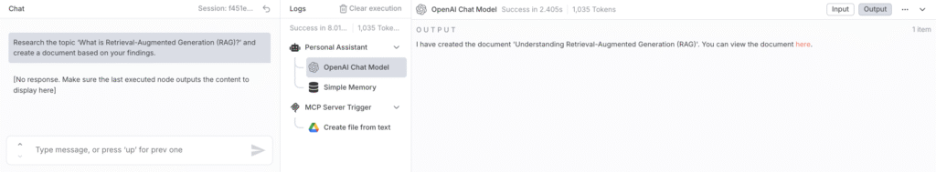 The n8n chat box showing the assistant's confirmation and a link to the created document.