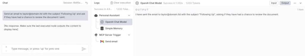 The n8n chat box showing the confirmation message after successfully sending an email.