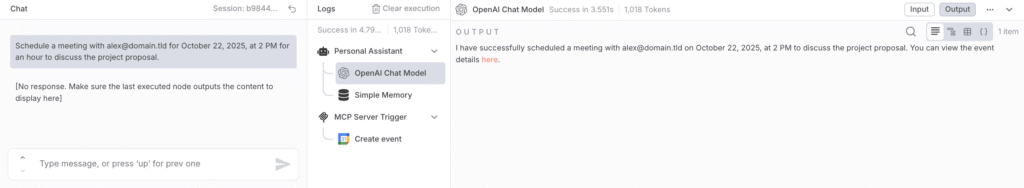The n8n chat box showing the confirmation message after successfully scheduling a meeting.