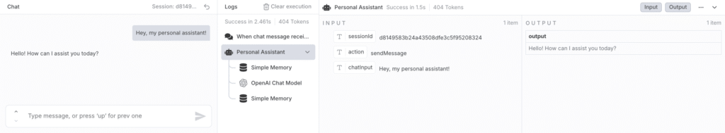 A screenshot of the n8n editor's built-in testing chat box for the Chat Trigger node.