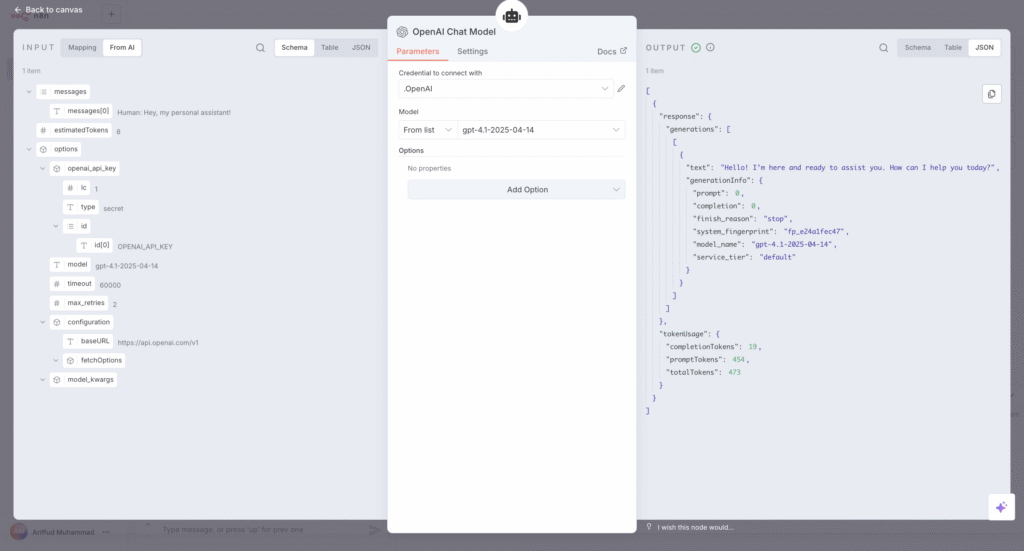 The n8n OpenAI Chat Model node's parameters, with the gpt-4.1-2025-04-14 model selected.