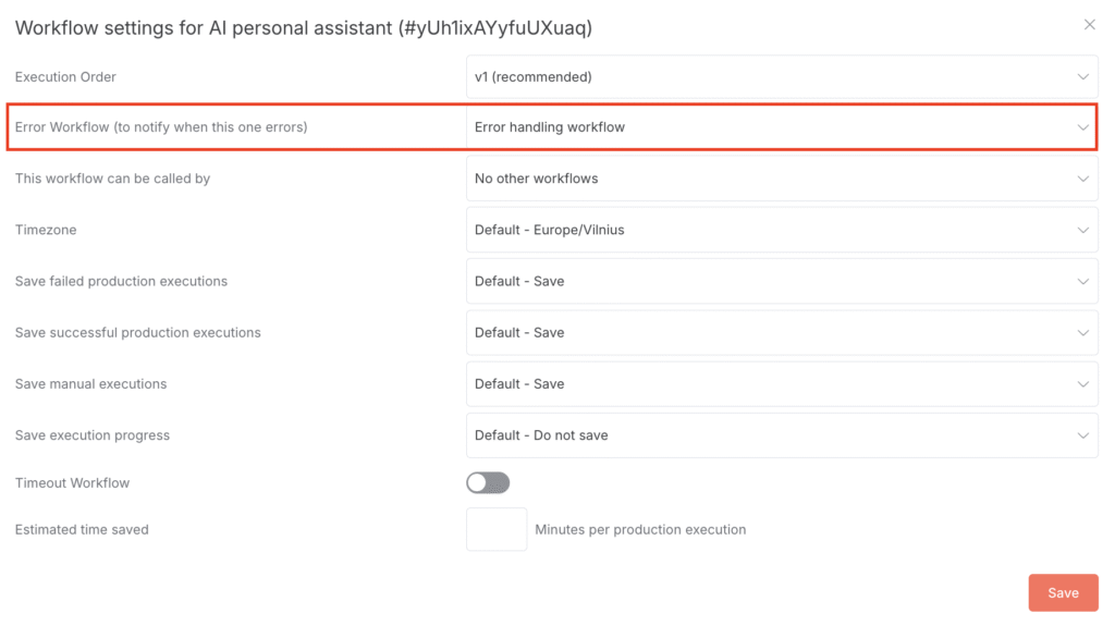The n8n Workflow settings panel, with the Error Workflow field highlighted.