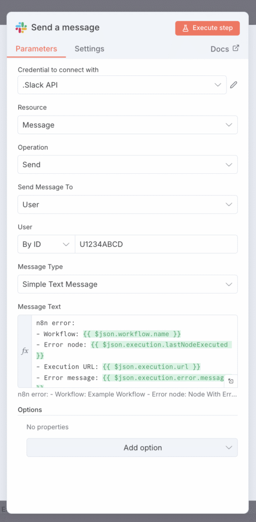 The n8n Slack node's parameters, showing the custom error message with dynamic data.