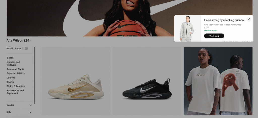 Nike's exit-intent popup for abandoned cart recovery