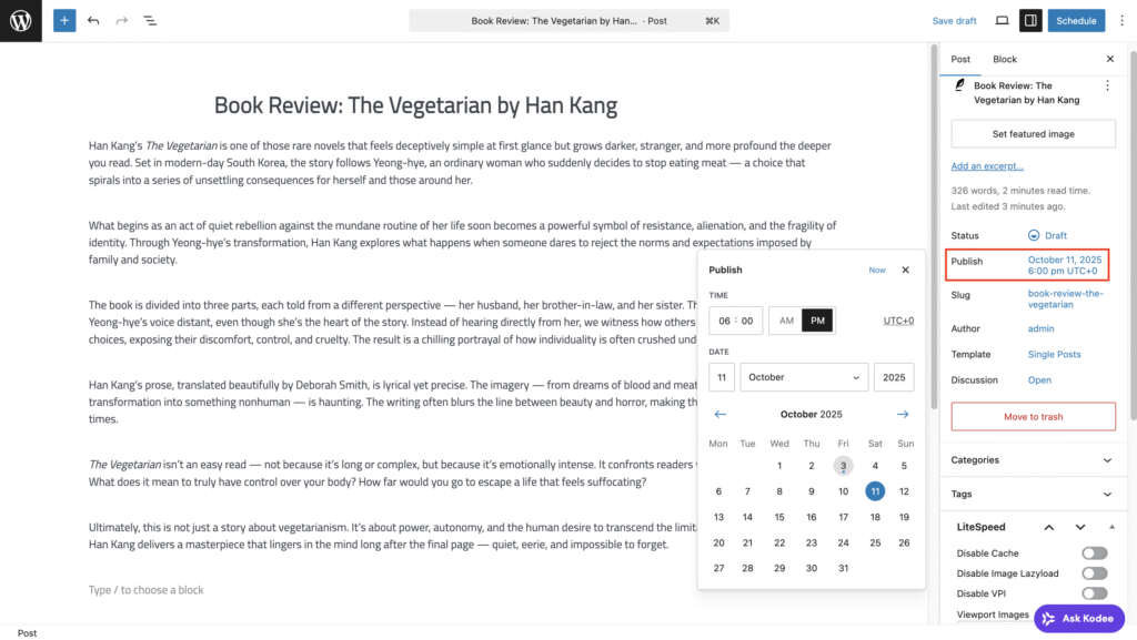 The Publish option on the WordPress post editor's Settings panel