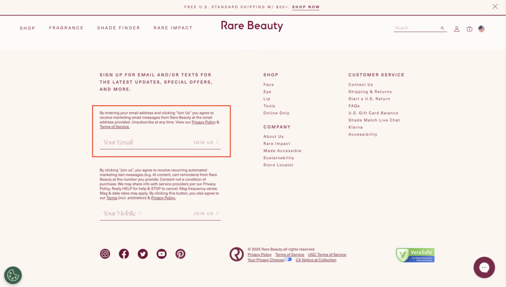 An email sign-up form on Rare Beauty's site footer