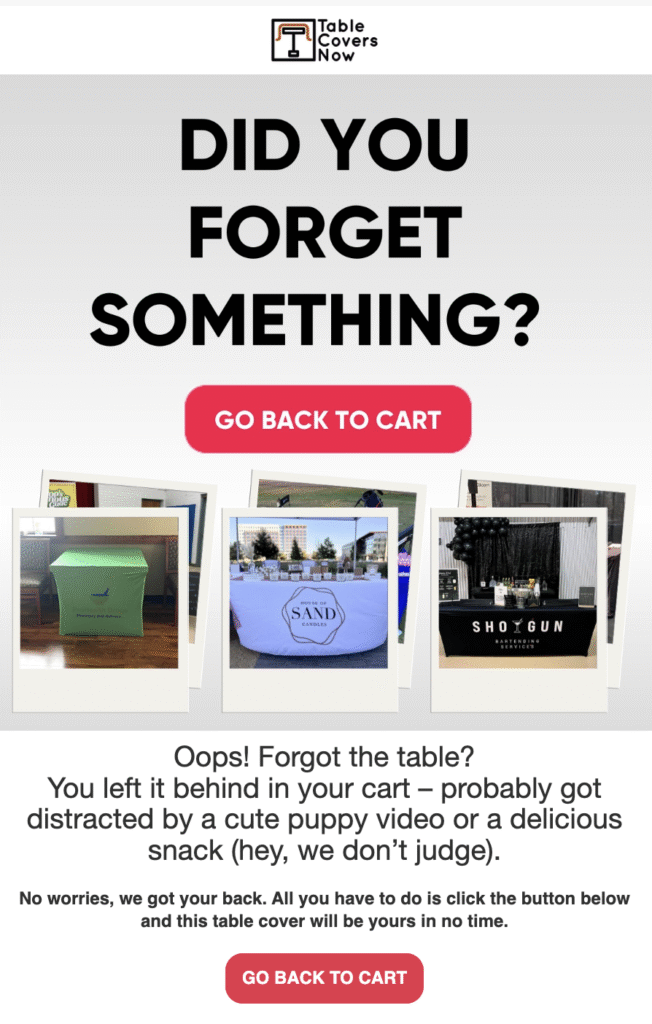 Table Covers Now's abandoned cart recovery email