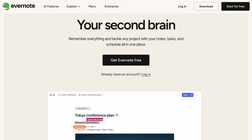 Homepage of Evernote