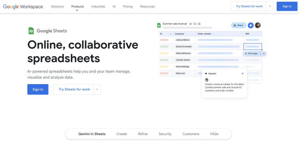Homepage of Google Sheets