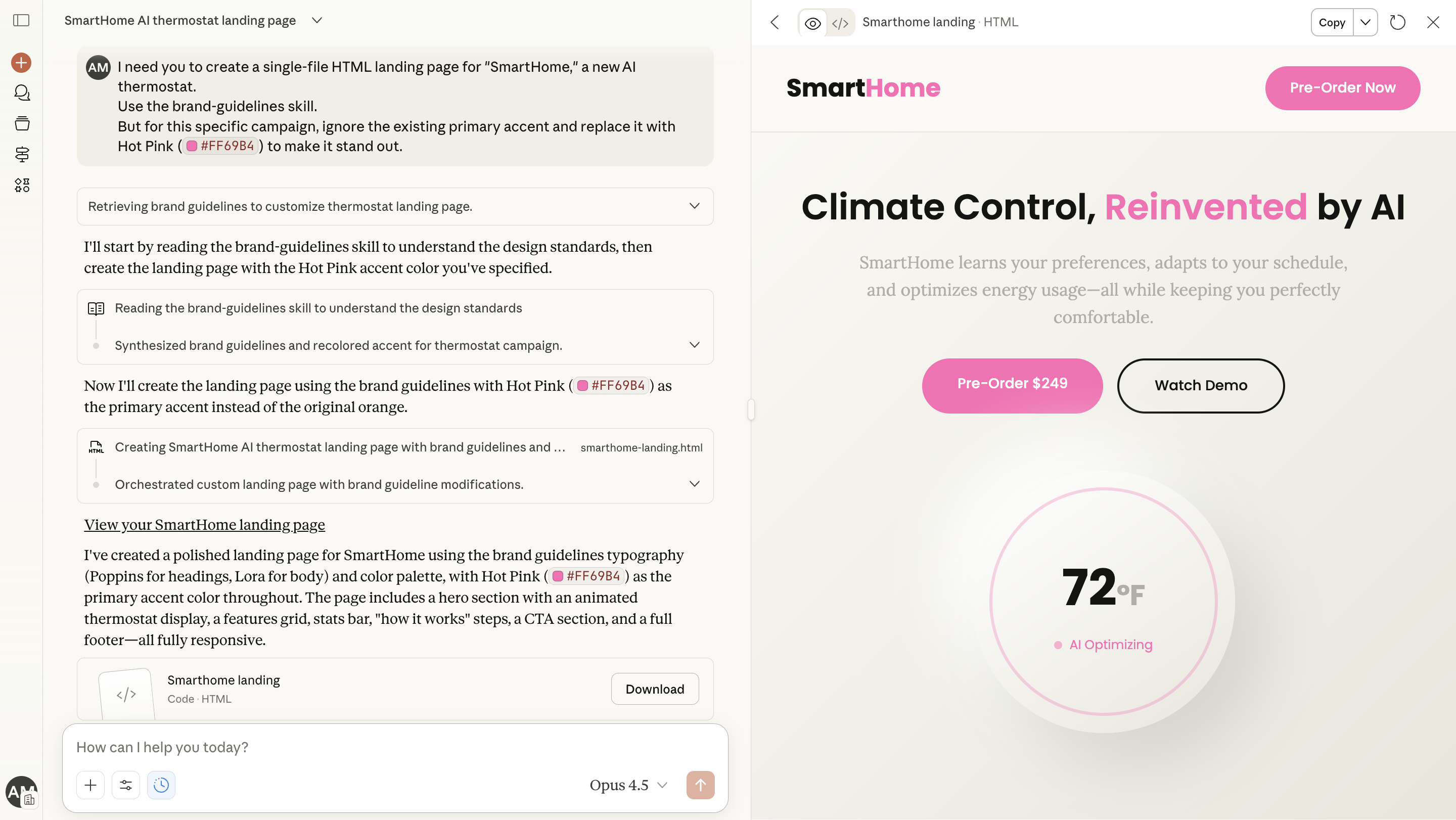 Chat output creating a SmartHome landing page using brand-guidelines Skill