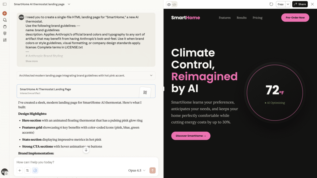 Chat output creating a SmartHome landing page without using Skills