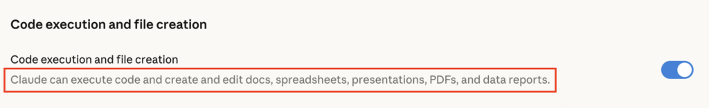 Claude settings showing code execution enabled for document creation